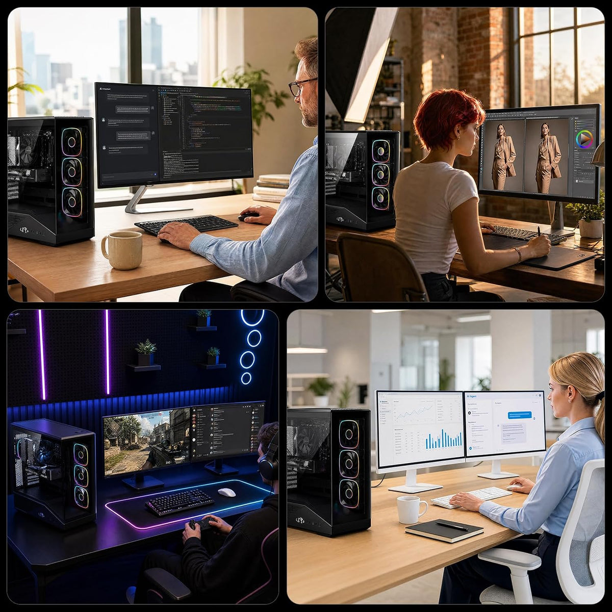 Ai-Creator-Gaming-Desktop, Geforce RTX-5060 32GB DDR5 RAM 1TB SSD | Intel I5-14400F(Up to 3.6Ghz Beat I7-11700) 650W 80+ Gold PSU ARGB Fan X4, Prebuilt PC Business & Digital Nomads Streaming