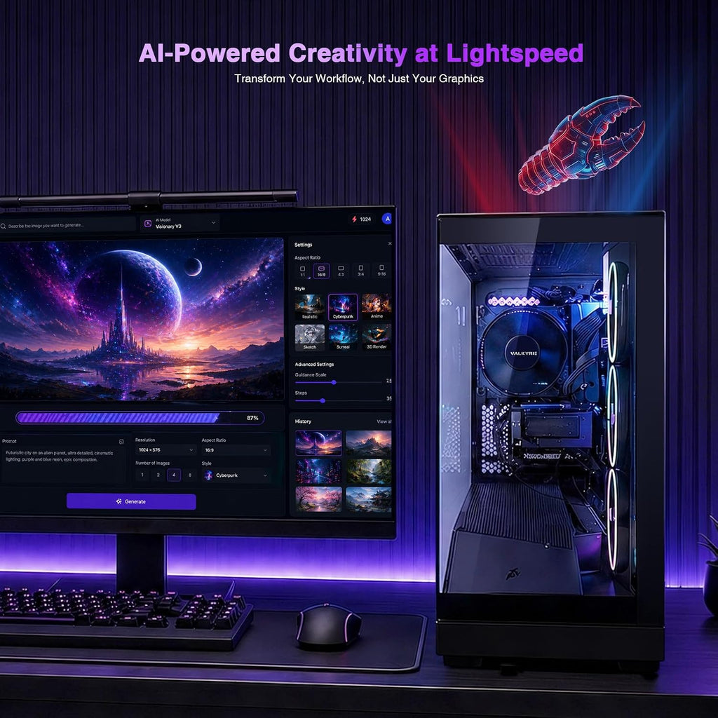 Ai-Creator-Gaming-Desktop, Geforce RTX-5060 32GB DDR5 RAM 1TB SSD | Intel I5-14400F(Up to 3.6Ghz Beat I7-11700) 650W 80+ Gold PSU ARGB Fan X4, Prebuilt PC Business & Digital Nomads Streaming