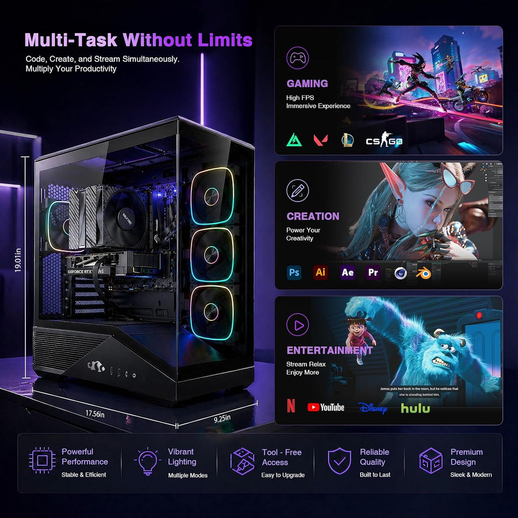 Ai-Creator-Gaming-Desktop, Geforce RTX-5060 32GB DDR5 RAM 1TB SSD | Intel I5-14400F(Up to 3.6Ghz Beat I7-11700) 650W 80+ Gold PSU ARGB Fan X4, Prebuilt PC Business & Digital Nomads Streaming