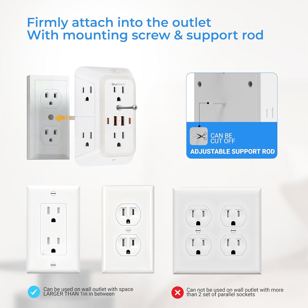 Wall Mount Power Strips Wall Charger 6 Outlet Extender 4 USB Ports (5V, 2.4A, 12W) and Night Light 3-Sided Power Strip with Adapter Spaced Outlets - Multi Plug Outlet Surge Protector for Home Office