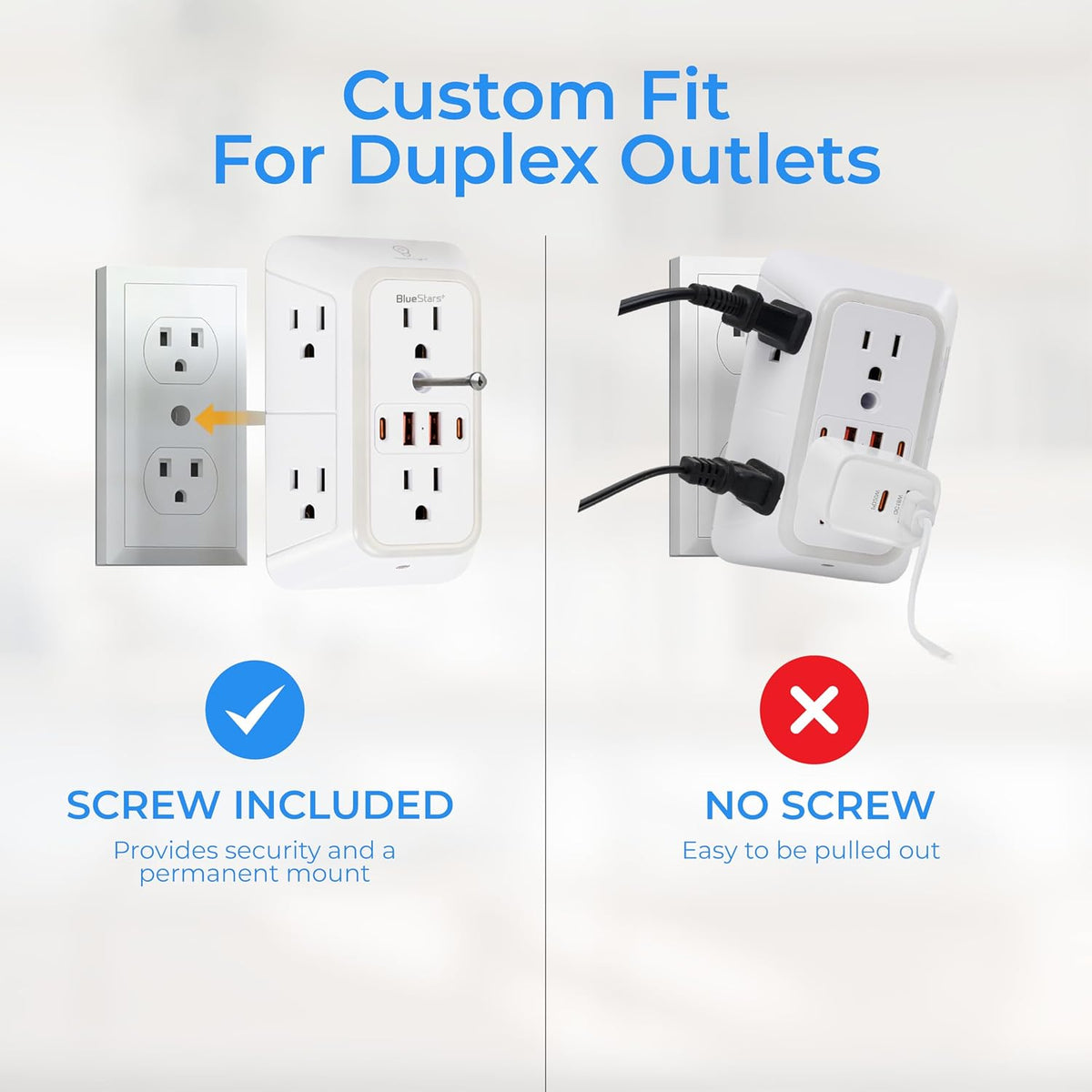 Wall Mount Power Strips Wall Charger 6 Outlet Extender 4 USB Ports (5V, 2.4A, 12W) and Night Light 3-Sided Power Strip with Adapter Spaced Outlets - Multi Plug Outlet Surge Protector for Home Office