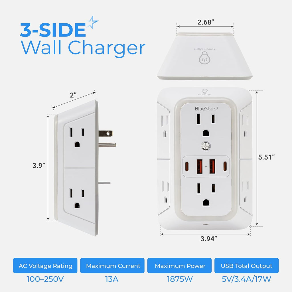 Wall Mount Power Strips Wall Charger 6 Outlet Extender 4 USB Ports (5V, 2.4A, 12W) and Night Light 3-Sided Power Strip with Adapter Spaced Outlets - Multi Plug Outlet Surge Protector for Home Office