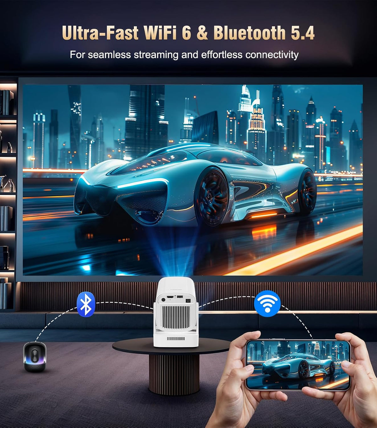 【Auto Focus&1080P】 Mini Smart Projector 4K Support, Built in Apps | Portable Projector with Wifi 6 and Bluetooth 5.4, Auto Keystone, 5W Speaker, Android 14, Voice Control, Home Movie Proyector