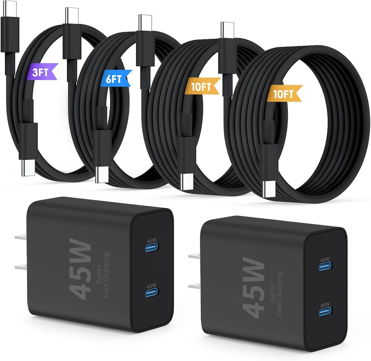 Super Fast Samsung Charger Type C,45W Dual Port USB C Fast Charger | Extra Long 60W 3/6/10/10FT USB C Cable - [2-Pack]Pd Quick Charging 3.0 for Samsung Galaxy S26 S25 Ultra/S24+/S23 Iphone 17 16