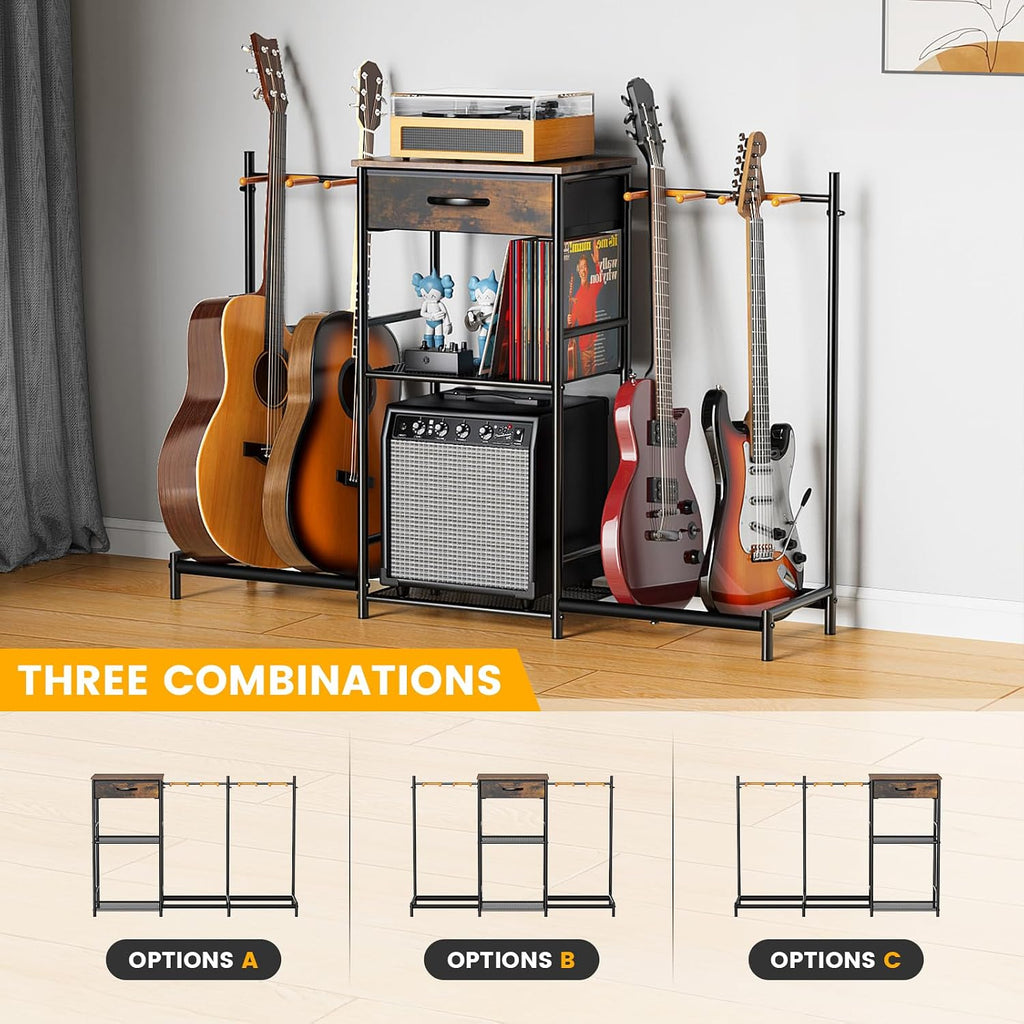 Guitar Stands Floor with 4 Guitar Holders, 3-Tier Guitar Stand Multiple Guitars, Guitar Rack with Amp Stand & Cloth Drawer, Multi Guitar Stand for Music Studio, Guitar Accessories Gift for Music Lover | Guitar Rack with Amp Holders & Cloth Drawer,3-Tier M