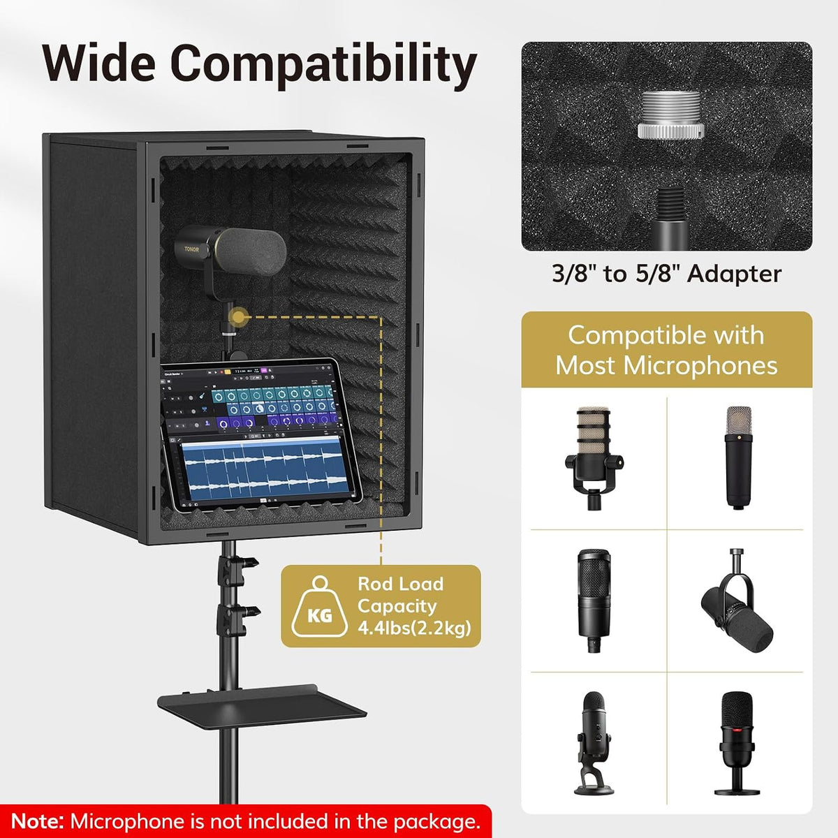 Microphone Isolation Shield, Professional Mic Shield for Studio with Tripod Stand, Adjustable Height Max 53.1 Inch, Sound Proof Box for Singing, Recording Studio Equipment