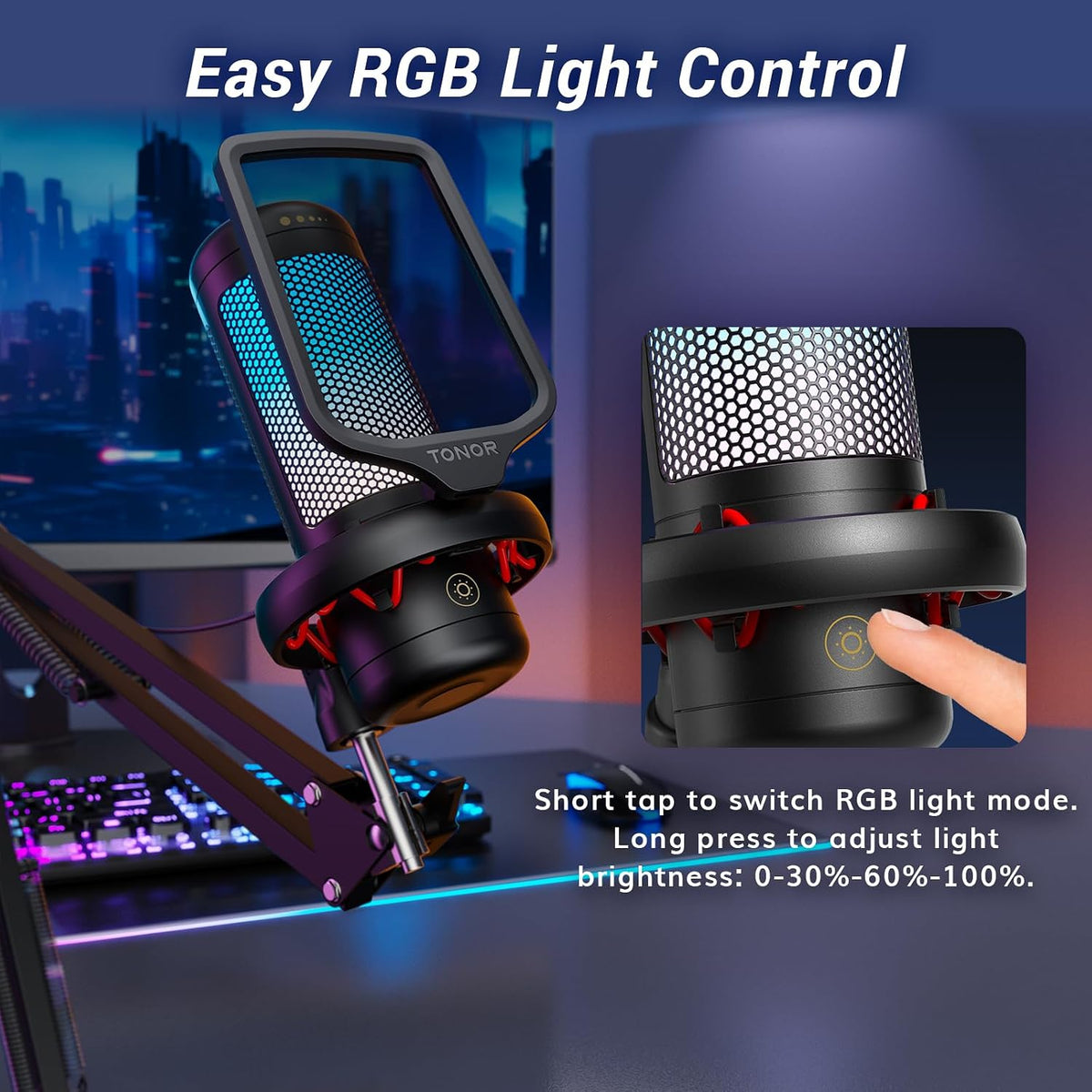 Gaming Microphone Set with Boom Arm, Vocal Condenser Microphone for Content Creators, USB Mic for PC with Stand, RGB, Tap Mute, Gain Control, Gaming Equipemnt, Twitch, Streaming, TC310+ | Boom Arm Set, USB Mic with Controllable Light, One Tap Mute, Volume Control, for Discord, Twitch Streaming, Black, TC310+