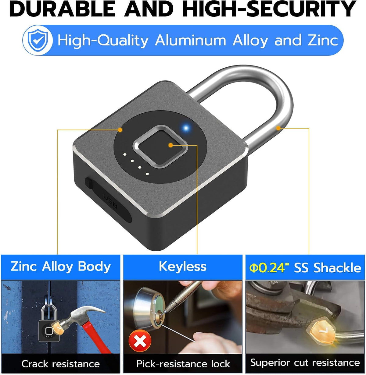 Fingerprint Gym Locker Lock, Keyless Biometric Padlock, Weatherproof Electronic Digital Bluetooth App Smart Combination Pad Lock for Outdoor Fence Gate Storage Unit Pool Shed - Black