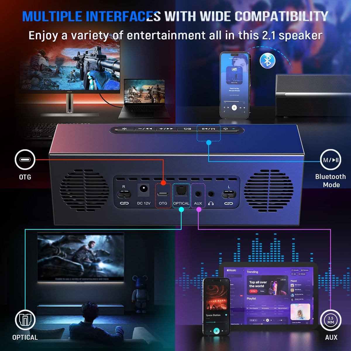 Ampligame A22 2.1 Gaming Computer Speakers with Subwoofer Bluetooth | 18 RGB Modes, Deep Punchy Bass, 3 EQ Presets, Volume Control, AC Powered, for PC TV Monitor Phone Tablet Music Gaming Movie